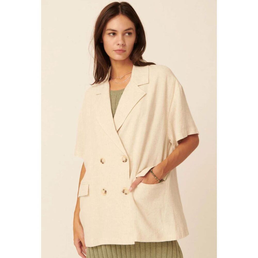 Promesa Right on‎ Time Oversized Short-Sleeve Linen Rayon Blazer Oatmeal Size S